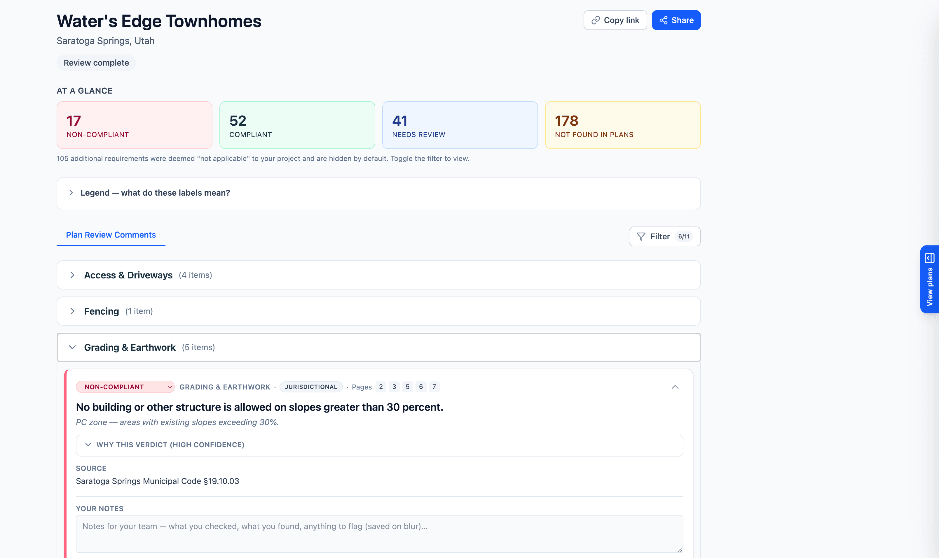 Example Permitify plan review report showing compliance findings with code citations